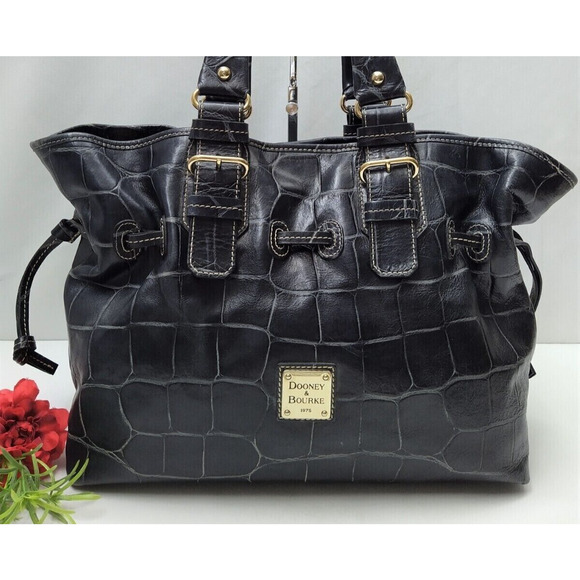 Dooney & Bourke Chiara Black Leather Crocodile Embossed Drawstring Tote Bag - Picture 14 of 14